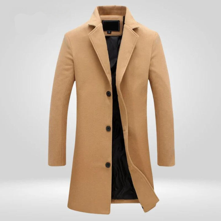 Men's Single-Breasted Long Wool Coat Notch Lapel Overcoat - Camel