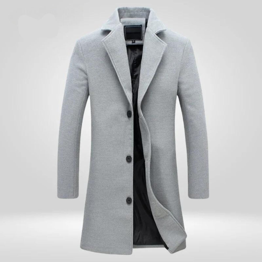 Men's Single-Breasted Long Wool Coat Notch Lapel Overcoat - Gray