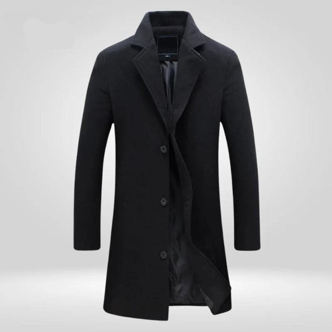 Men's Single-Breasted Long Wool Coat Notch Lapel Overcoat - Black