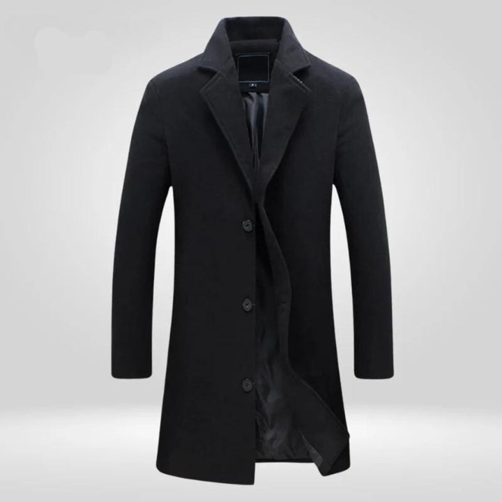 Men's Single-Breasted Long Wool Coat Notch Lapel Overcoat - Black