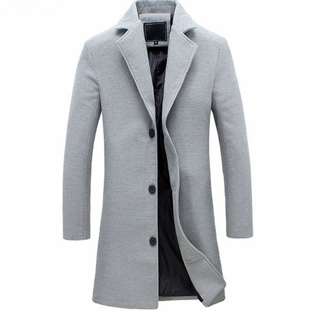 Men's Single-Breasted Wool-Blend Long Overcoat - Grey