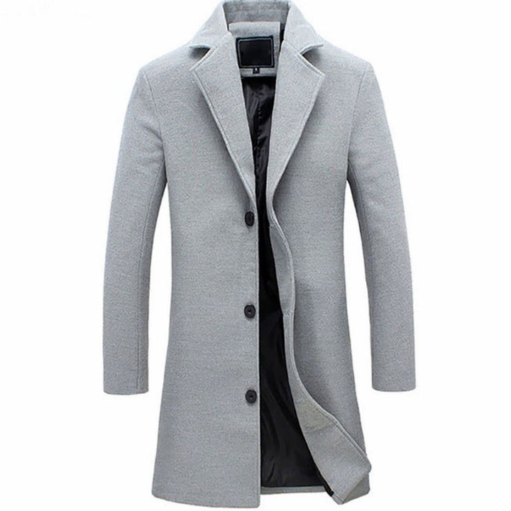 Men's Single-Breasted Wool-Blend Long Overcoat - Grey