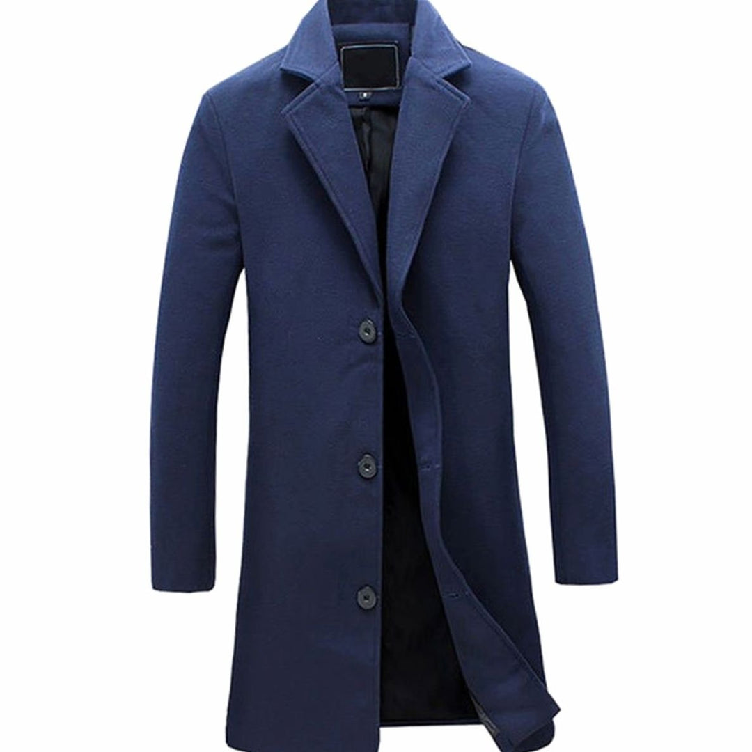 Men's Single-Breasted Wool-Blend Long Overcoat - Navy Blue