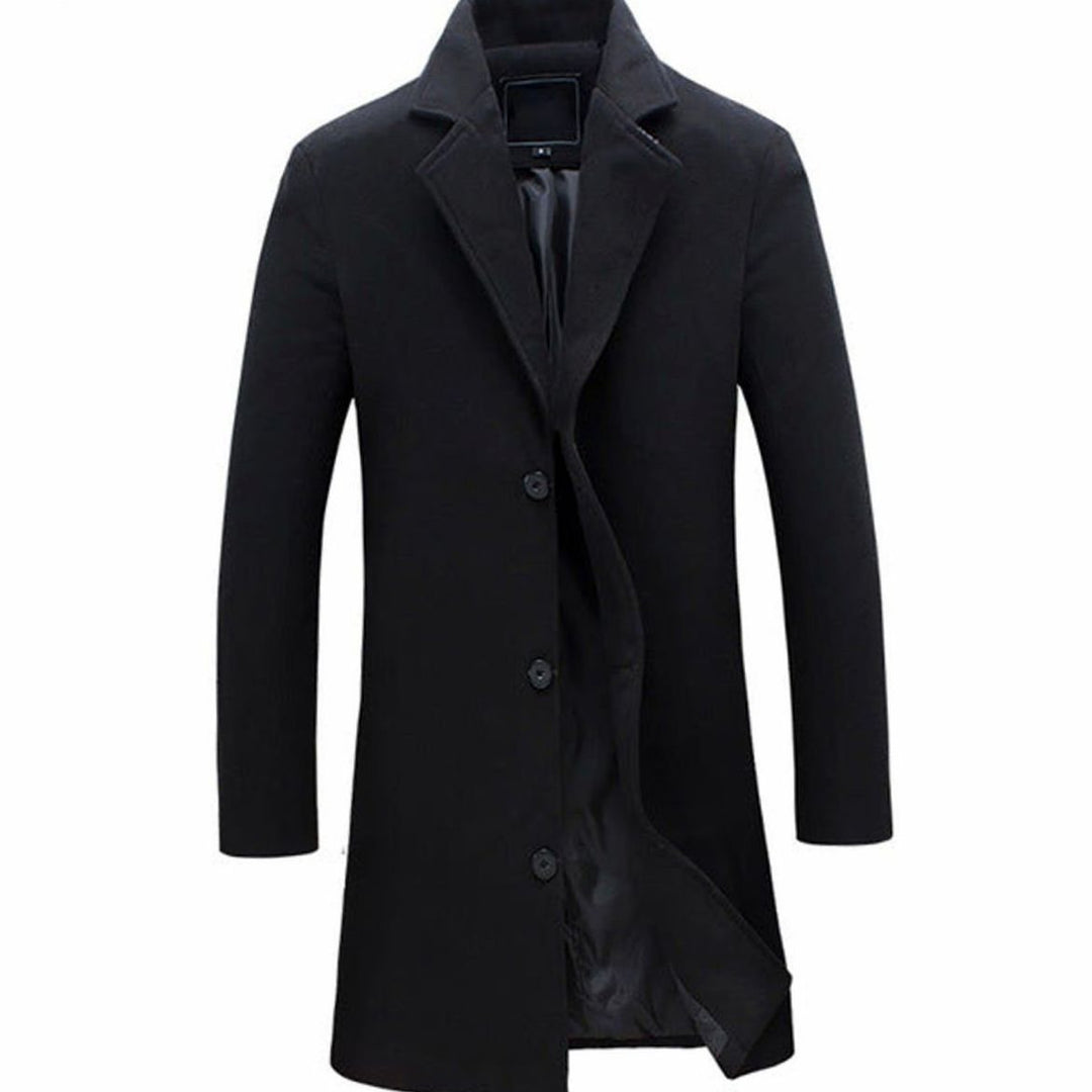 Men's Single-Breasted Wool-Blend Long Overcoat - Black