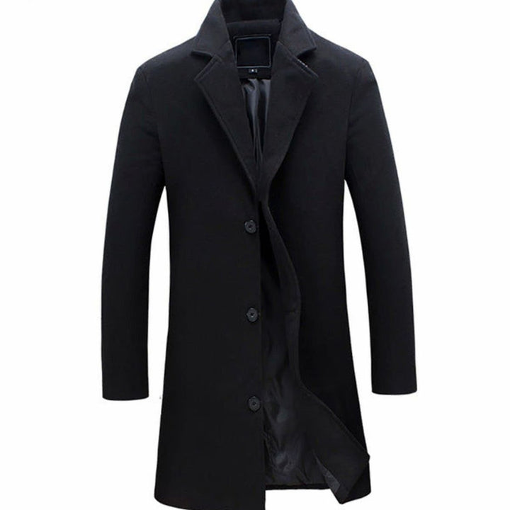 Men's Single-Breasted Wool-Blend Long Overcoat - Black