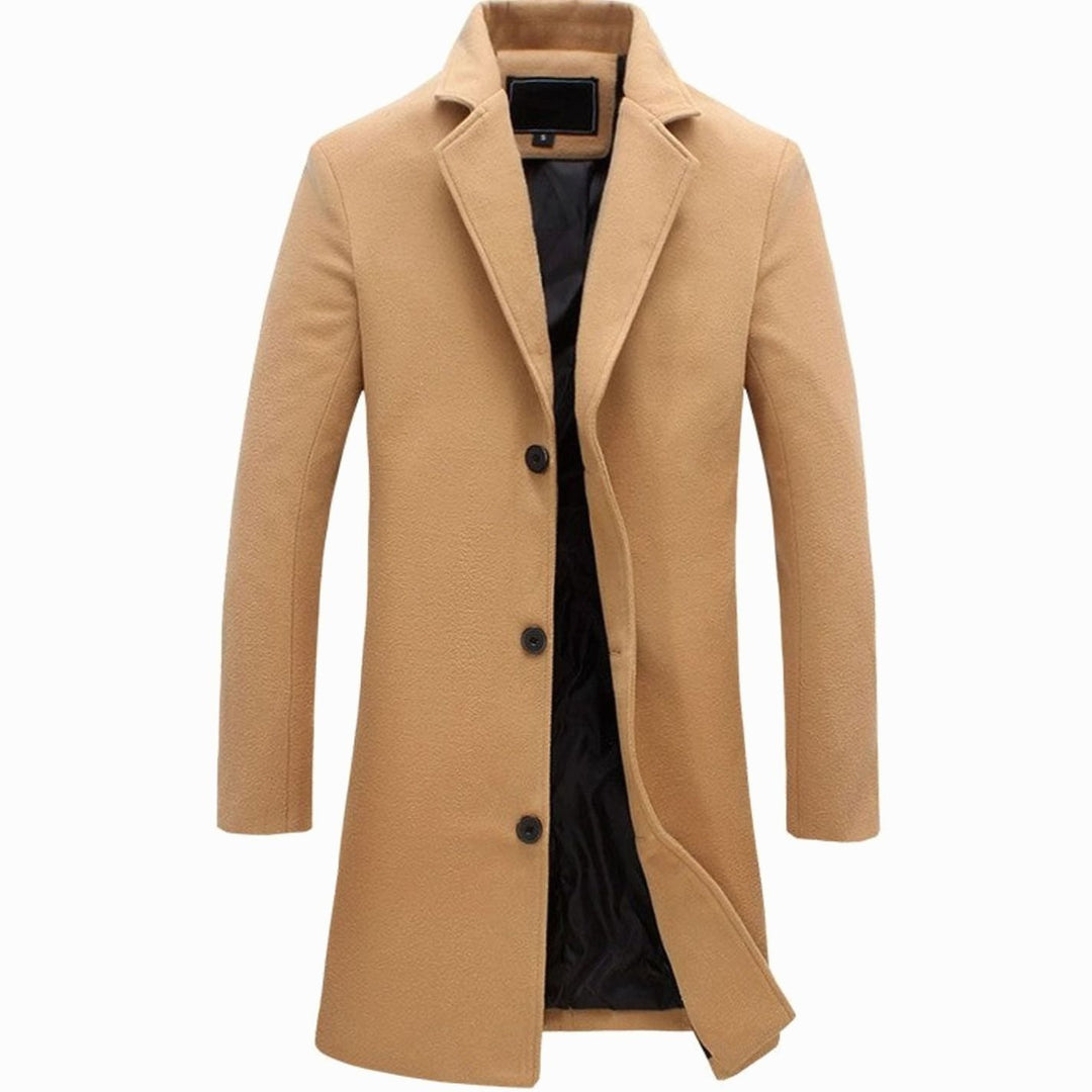 Men's Single-Breasted Wool-Blend Long Overcoat - Khaki