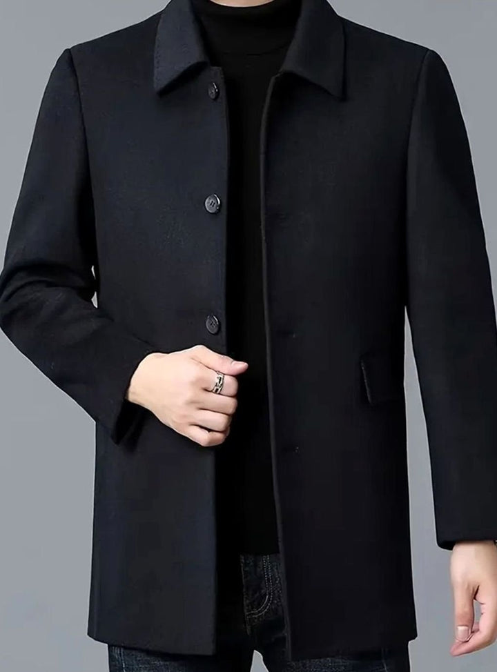 Men's Single-Breasted Wool Overcoat Tailored Topcoat - Black