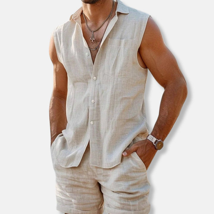 Men's Sleeveless Button-Down Linen-Look Two-Piece Shirt Shorts Set - Off Whte