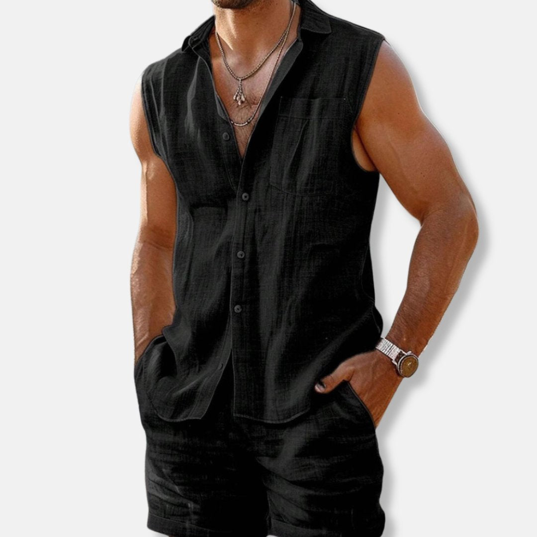 Men's Sleeveless Button-Down Linen-Look Two-Piece Shirt Shorts Set - Black