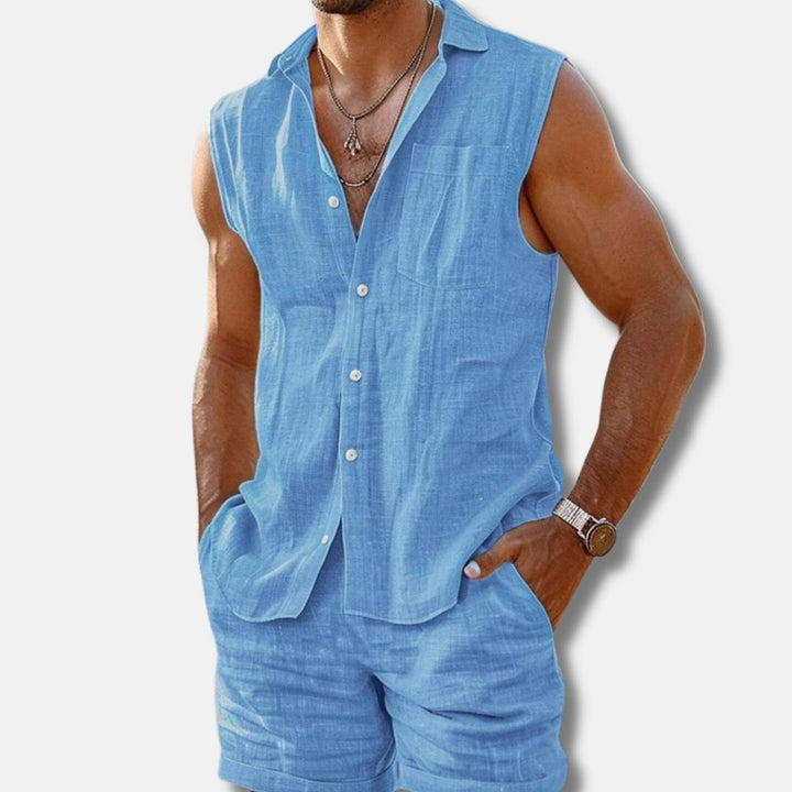 Men's Sleeveless Button-Down Linen-Look Two-Piece Shirt Shorts Set - Sky Blue