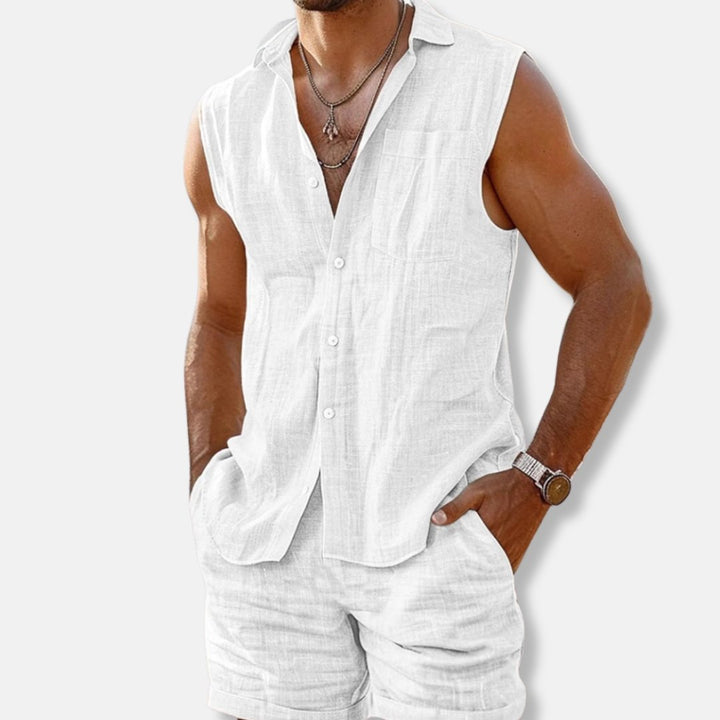 Men's Sleeveless Button-Down Linen-Look Two-Piece Shirt Shorts Set - White