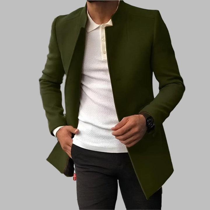 Men's Slim-Fit Collarless Wool Coat Open Front - Green