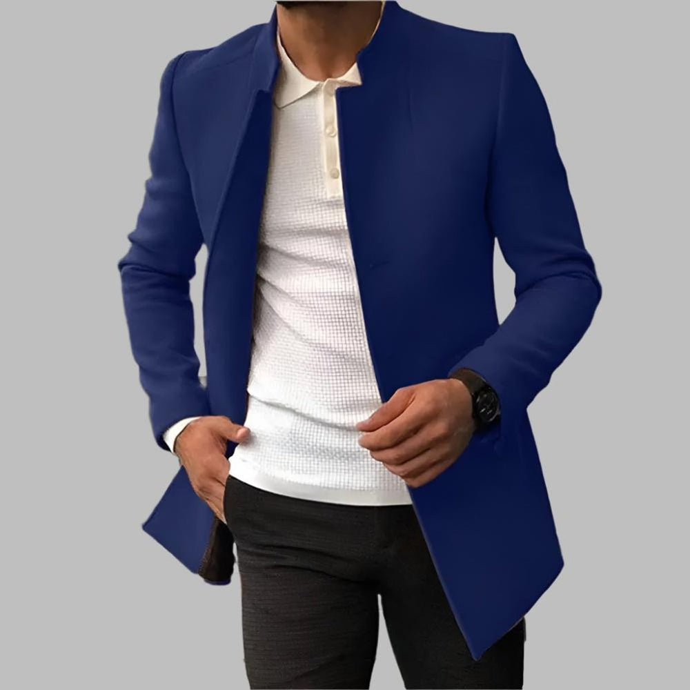 Men's Slim-Fit Collarless Wool Coat Open Front - Blue