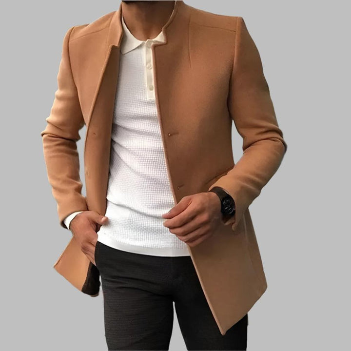 Men's Slim-Fit Collarless Wool Coat Open Front - Caramel