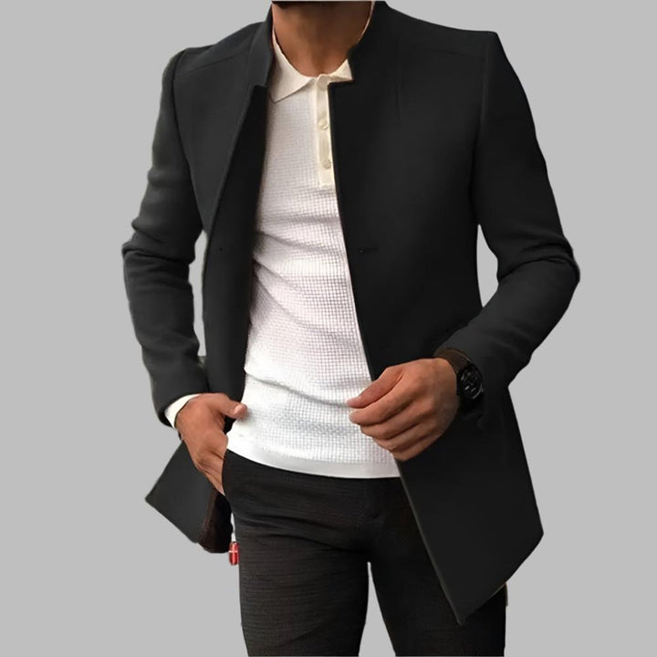 Men's Slim-Fit Collarless Wool Coat Open Front - Black
