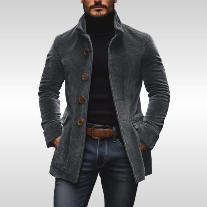 Men's Slim-Fit Corduroy Stand-Collar Wool Coat Button-Up Jacket - Gray