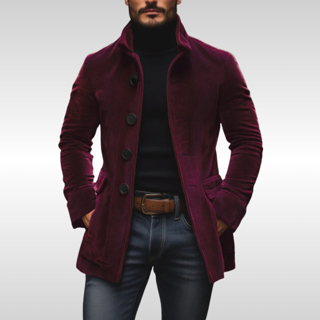 Men's Slim-Fit Corduroy Stand-Collar Wool Coat Button-Up Jacket - Wine Red