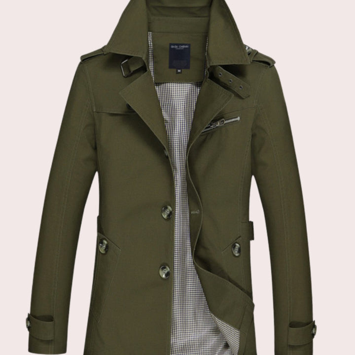 Men's Slim Fit Double-Breasted Epaulette Trench Coat - Army Green