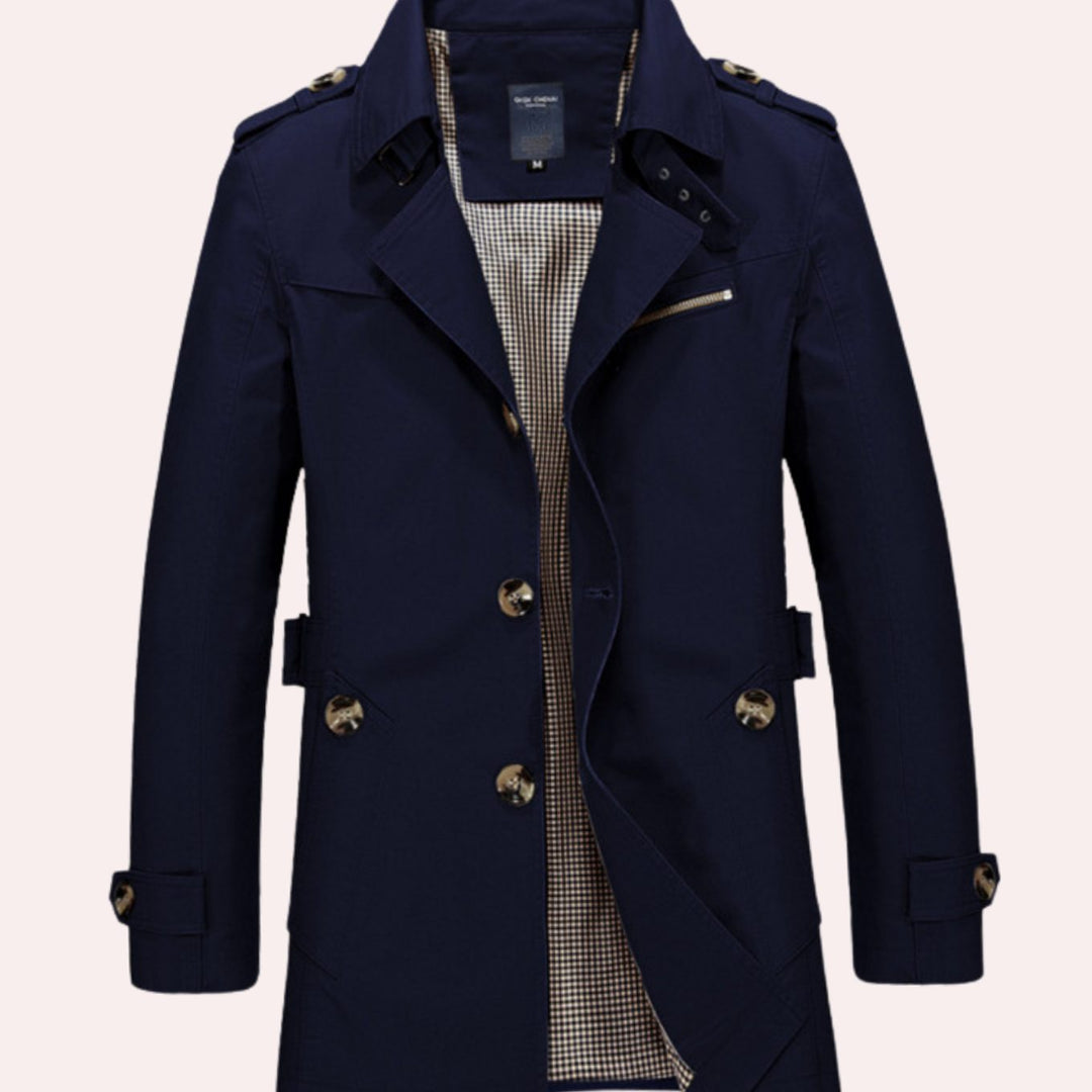 Men's Slim Fit Double-Breasted Epaulette Trench Coat - Dark Blue
