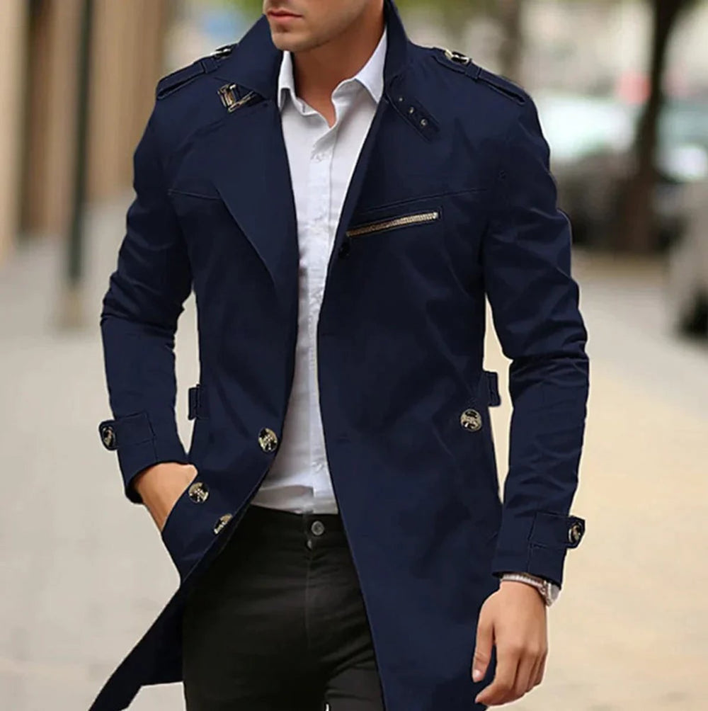 Men's Slim-Fit Double-Breasted Wool Coat Trench Jacket - Dark Blue