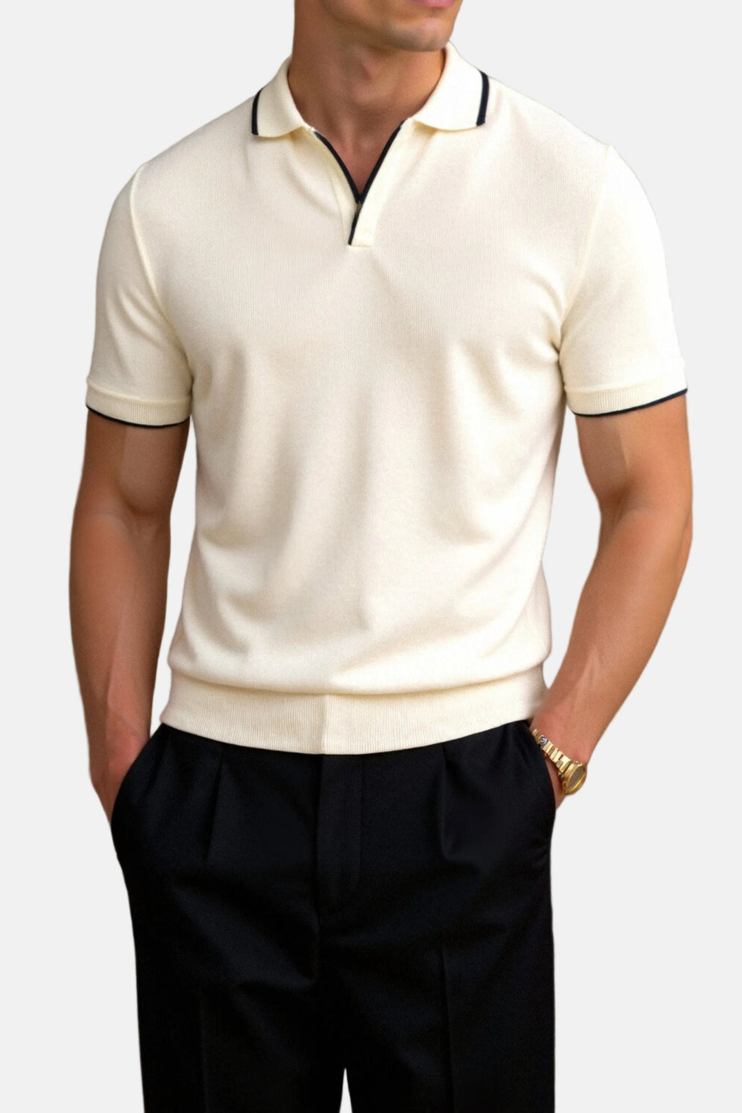 Men's Slim-Fit Knit Cotton Open-Collar Tipped Polo Shirt - Beige