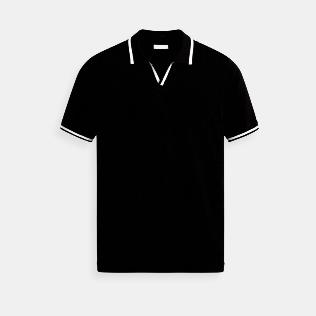 Men's Slim-Fit Knit Cotton Open-Collar Tipped Polo Shirt - Black