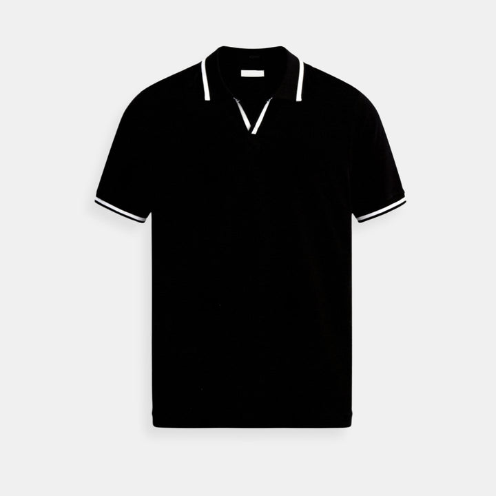Men's Slim-Fit Knit Cotton Open-Collar Tipped Polo Shirt - Black