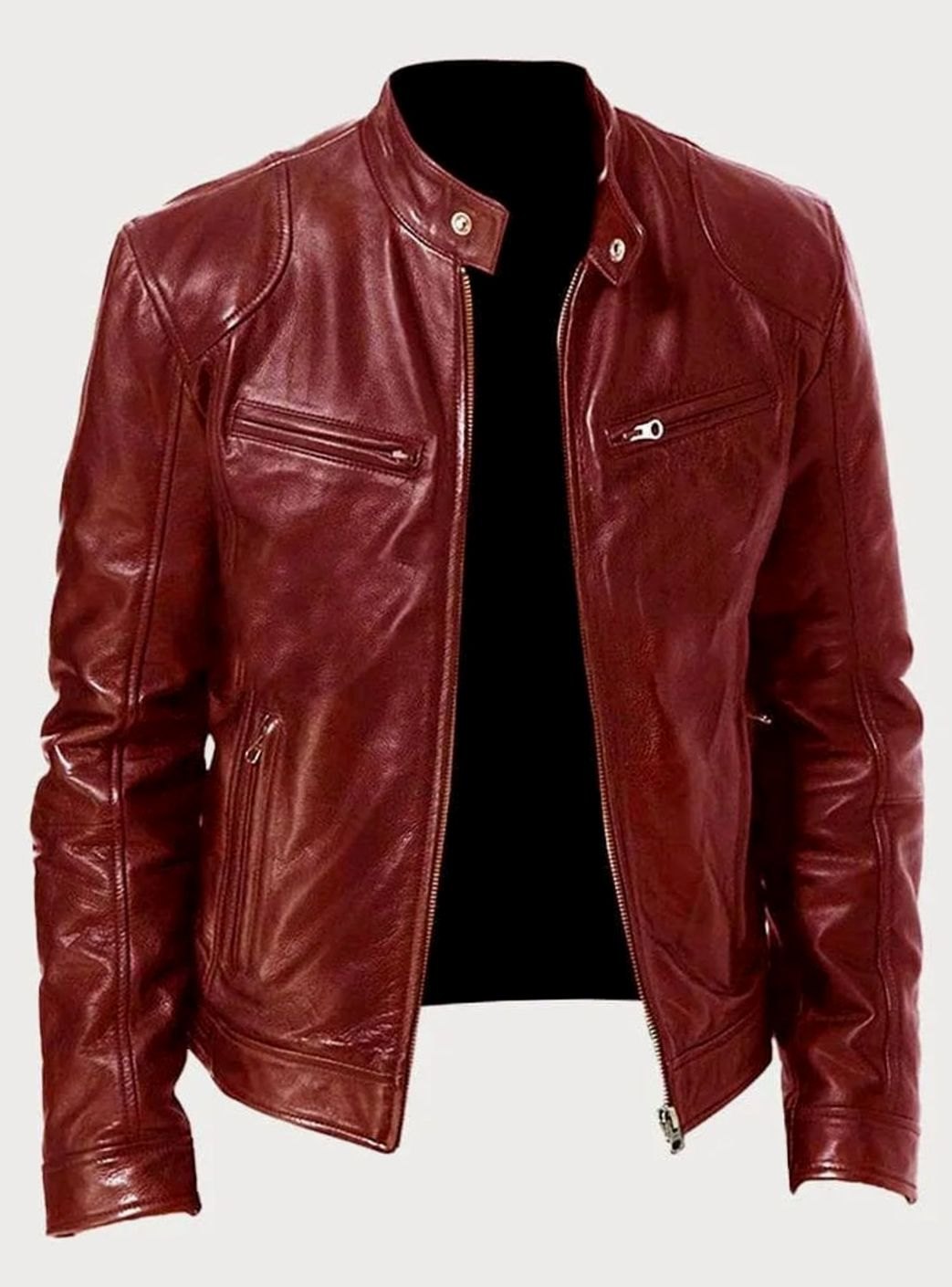 Men's Slim-Fit Leather Moto Style Jacket Zip-Up Biker - Red
