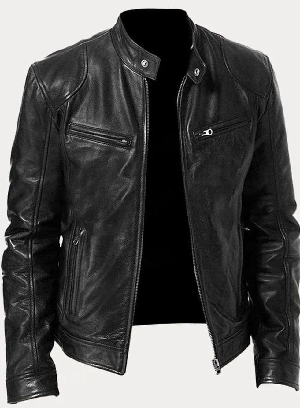 Men's Slim-Fit Leather Moto Style Jacket Zip-Up Biker - Black