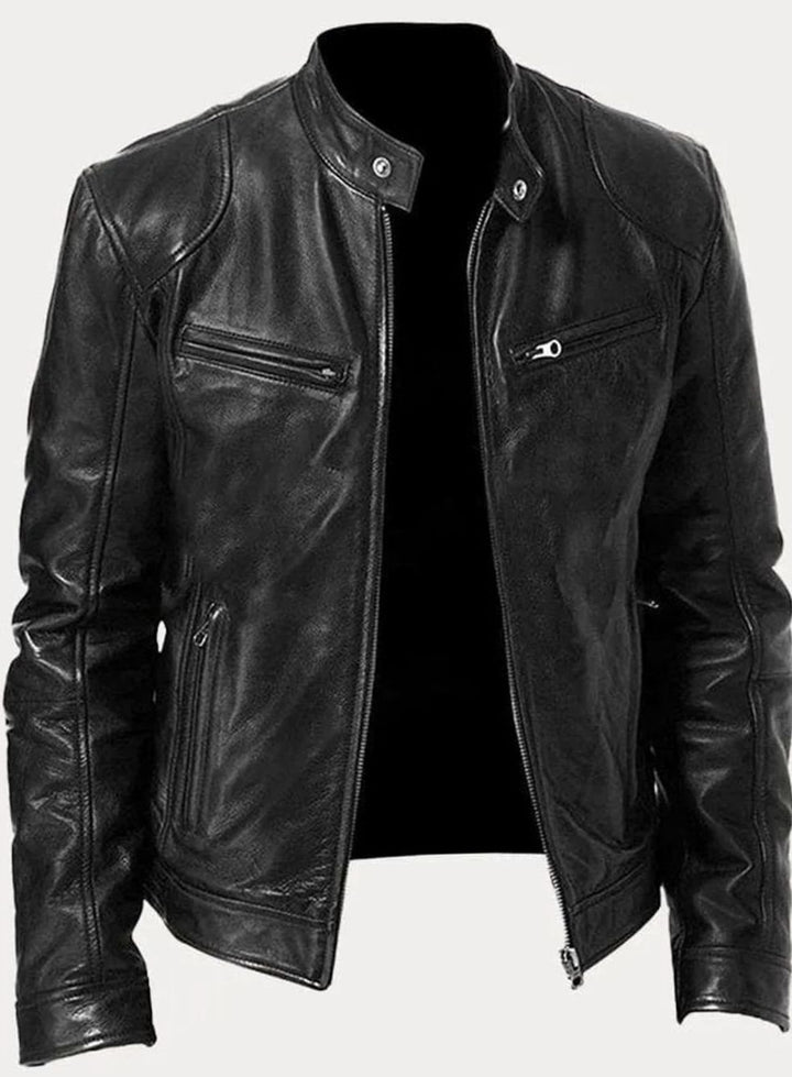 Men's Slim-Fit Leather Moto Style Jacket Zip-Up Biker - Black