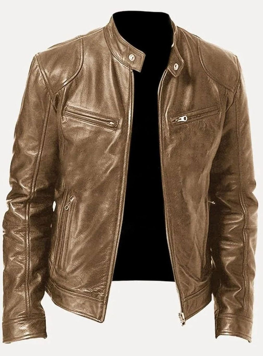 Men's Slim-Fit Leather Moto Style Jacket Zip-Up Biker - Beige