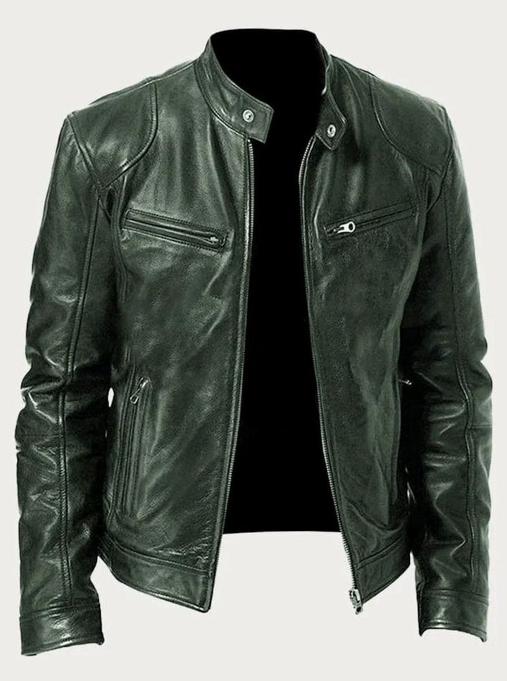 Men's Slim-Fit Leather Moto Style Jacket Zip-Up Biker - Green