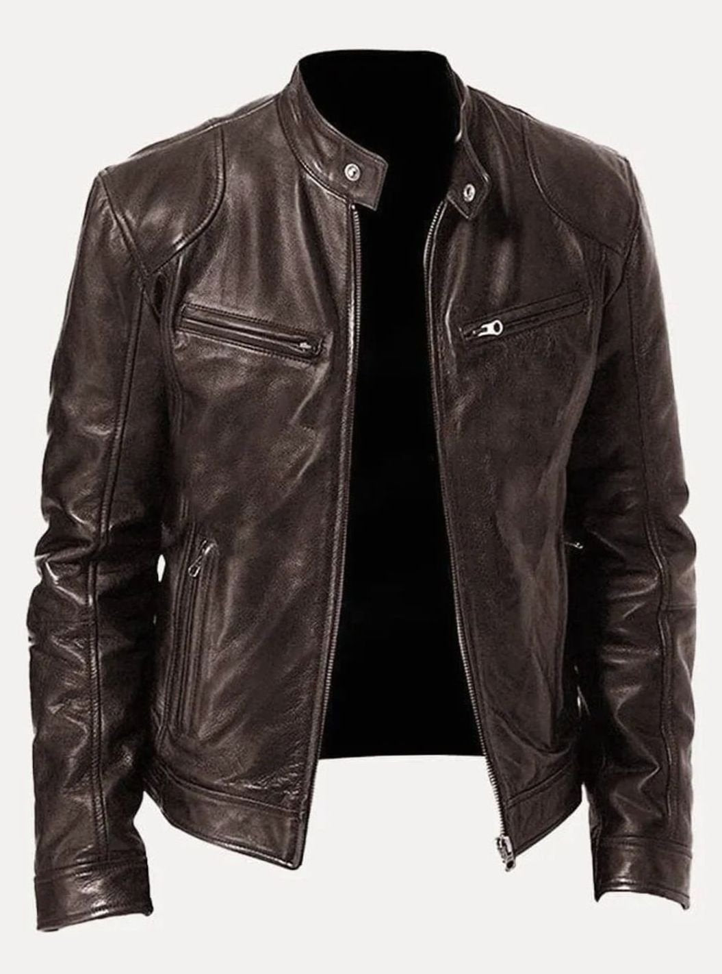 Men's Slim-Fit Leather Moto Style Jacket Zip-Up Biker - Brown