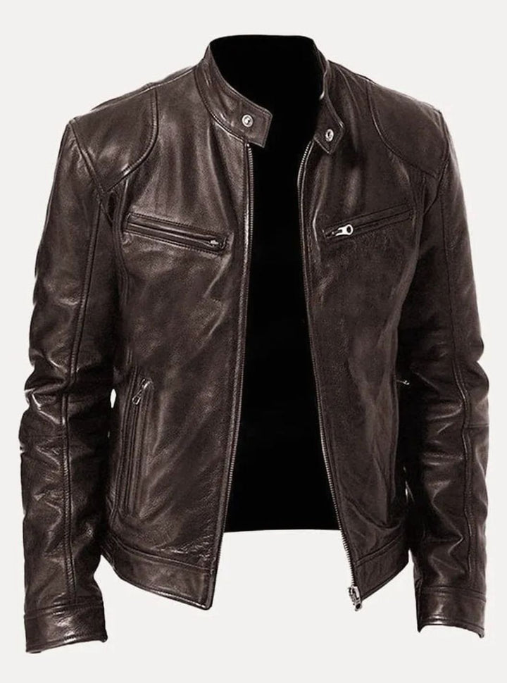 Men's Slim-Fit Leather Moto Style Jacket Zip-Up Biker - Brown