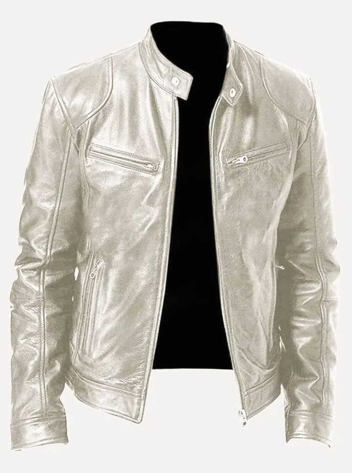 Men's Slim-Fit Leather Moto Style Jacket Zip-Up Biker - Silver