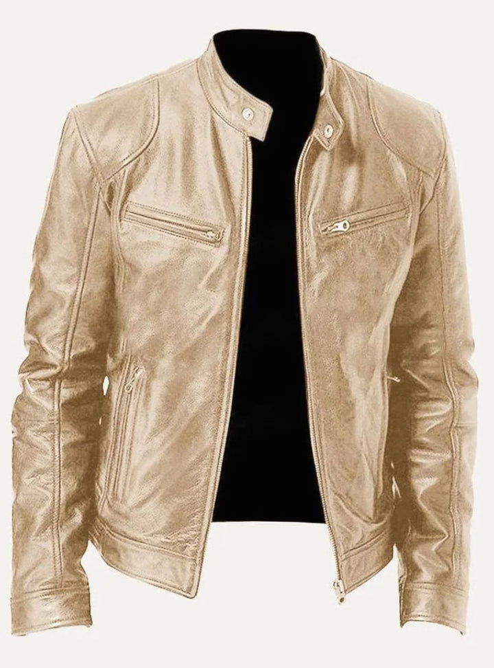 Men's Slim-Fit Leather Moto Style Jacket Zip-Up Biker - Gold