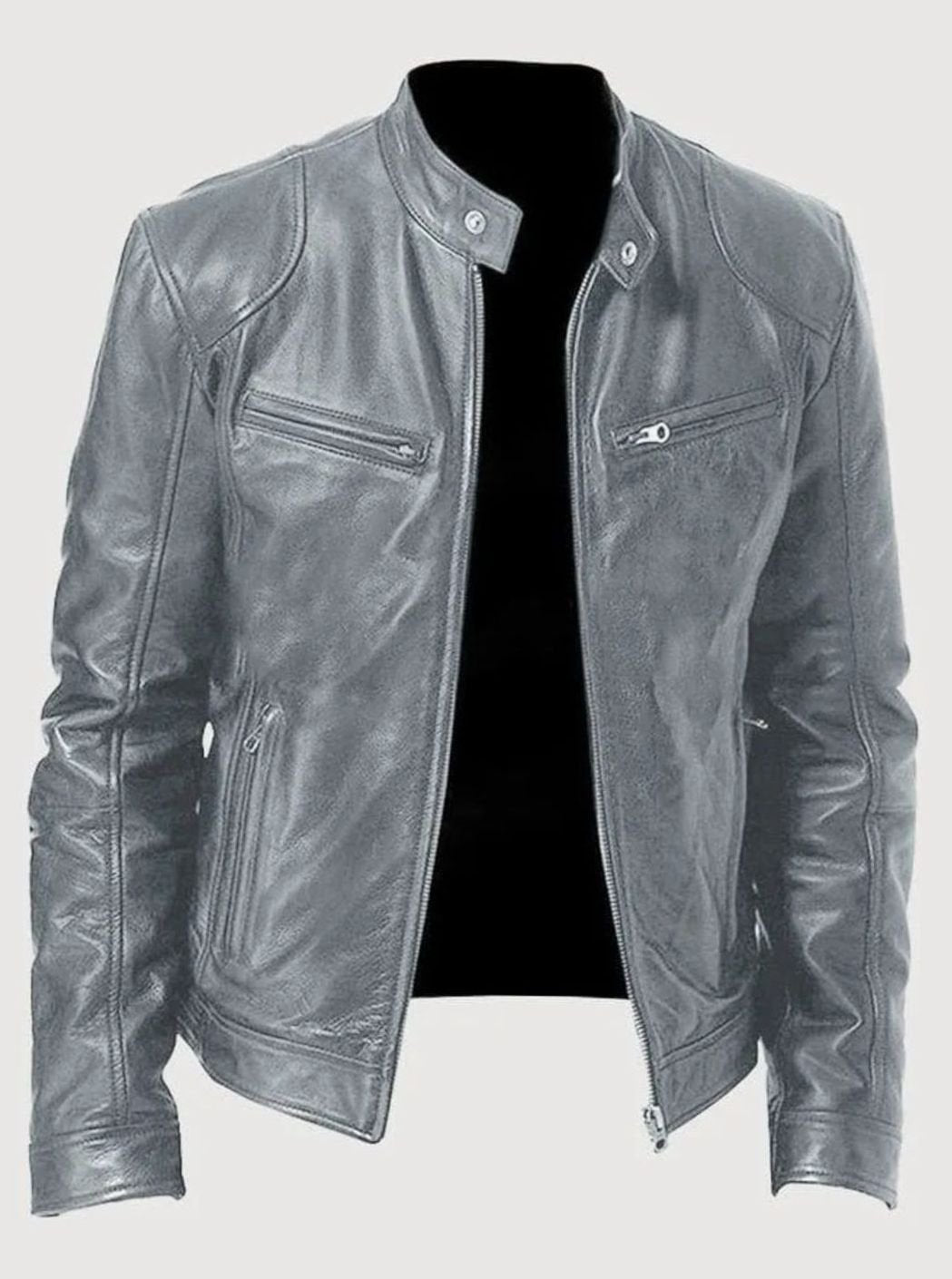 Men's Slim-Fit Leather Moto Style Jacket Zip-Up Biker - Gray