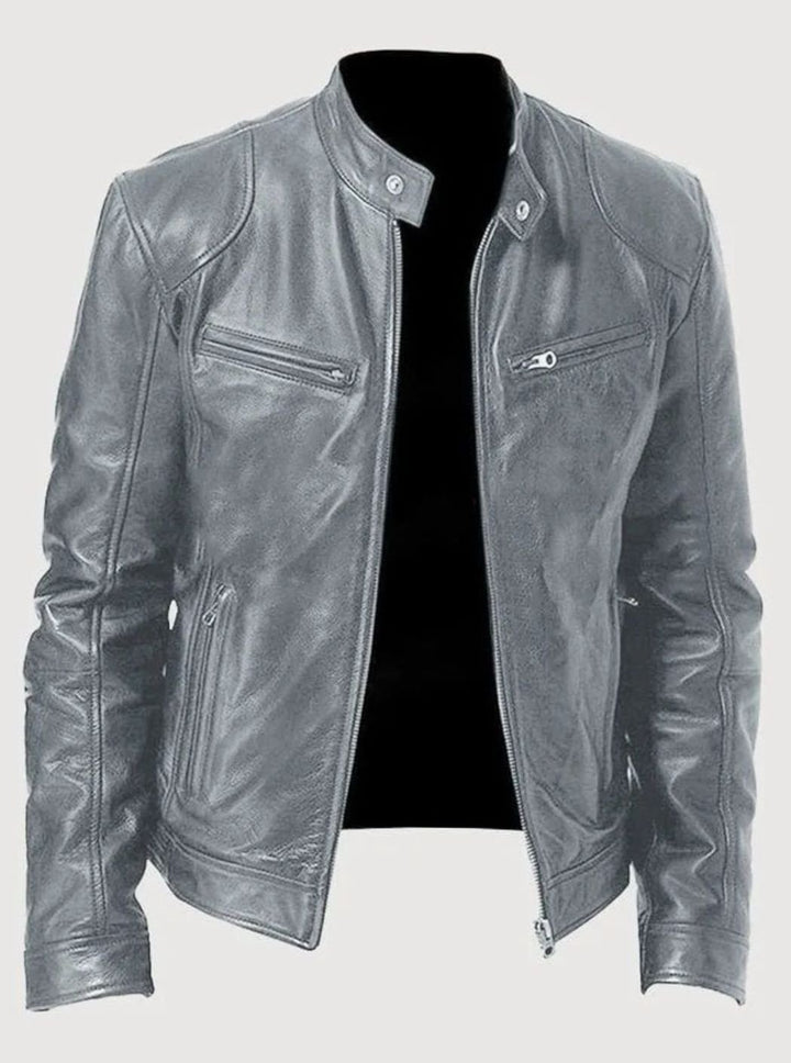 Men's Slim-Fit Leather Moto Style Jacket Zip-Up Biker - Gray