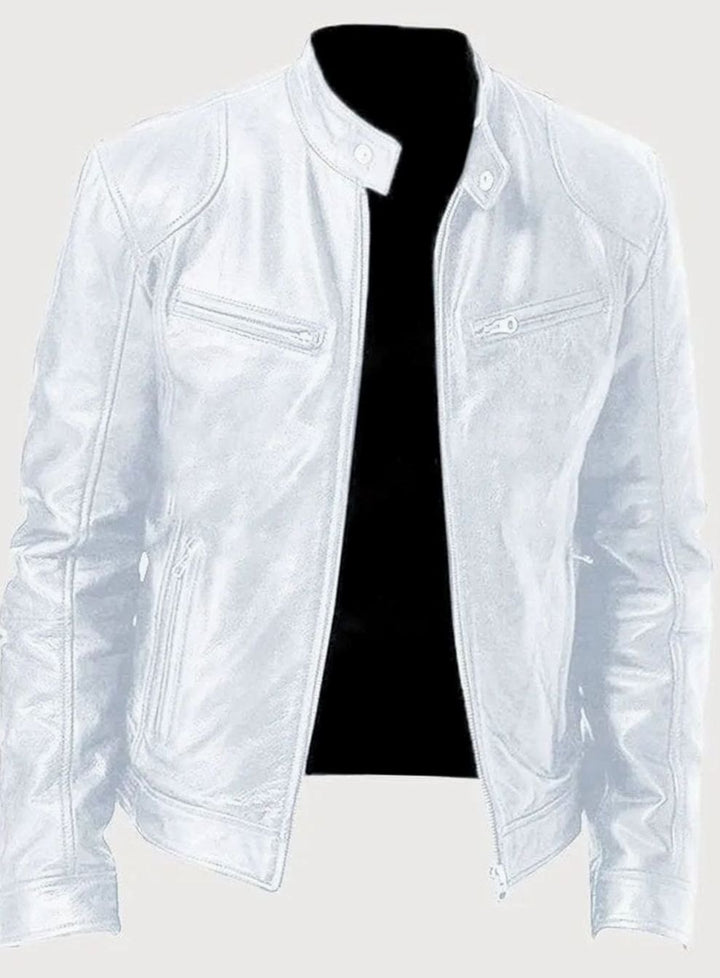 Men's Slim-Fit Leather Moto Style Jacket Zip-Up Biker - White