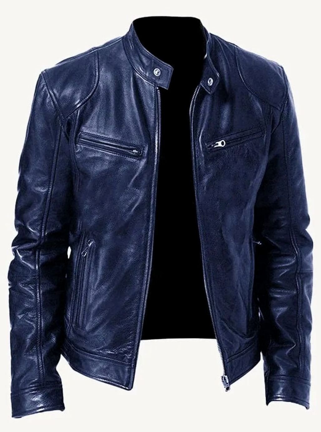 Men's Slim-Fit Leather Moto Style Jacket Zip-Up Biker - Navy