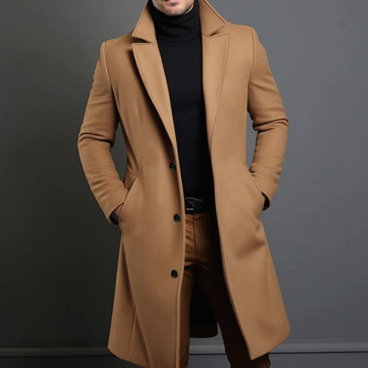 Men's Slim-Fit Long Wool Coat Tailored Overcoat - Brown