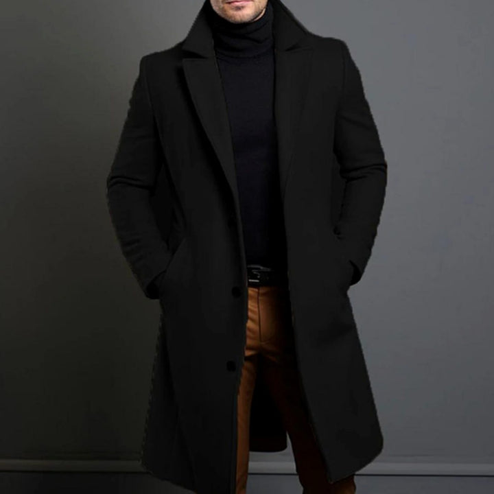 Men's Slim-Fit Long Wool Coat Tailored Overcoat - Black