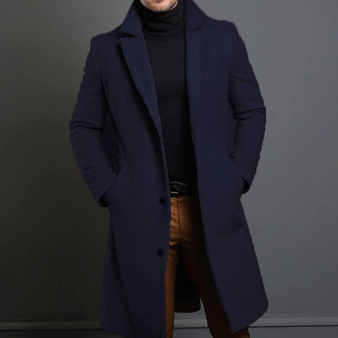 Men's Slim-Fit Long Wool Coat Tailored Overcoat - Blue