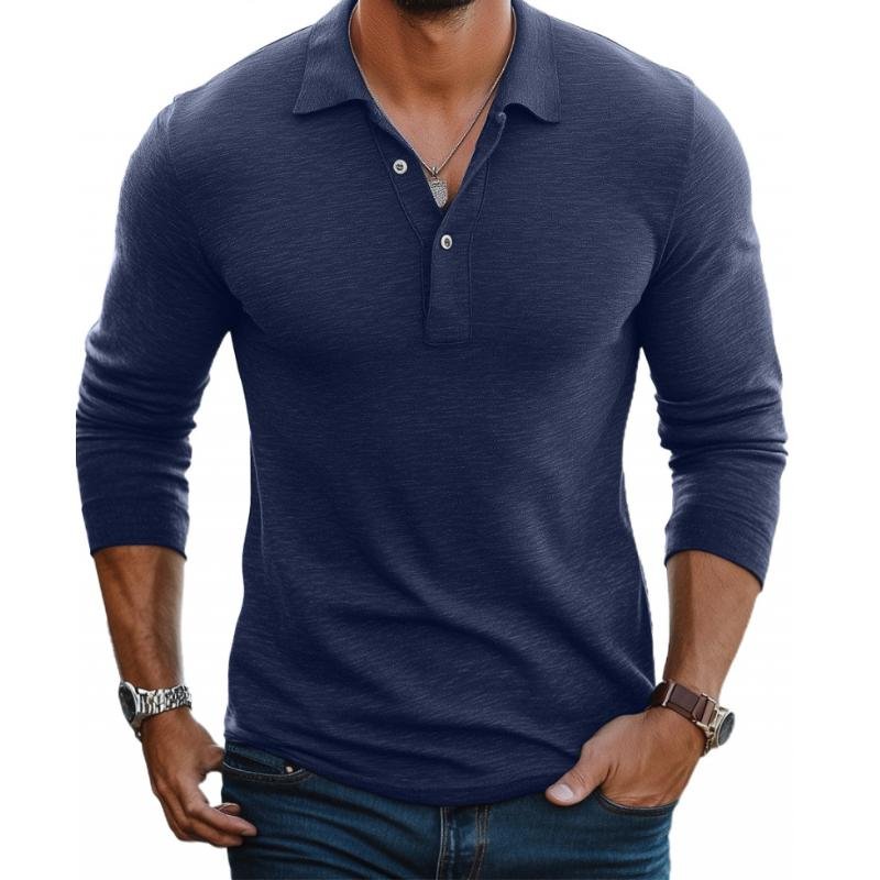 Men's Slim Fit Satin-Smooth Long Sleeve Polo Shirt - Navy Blue