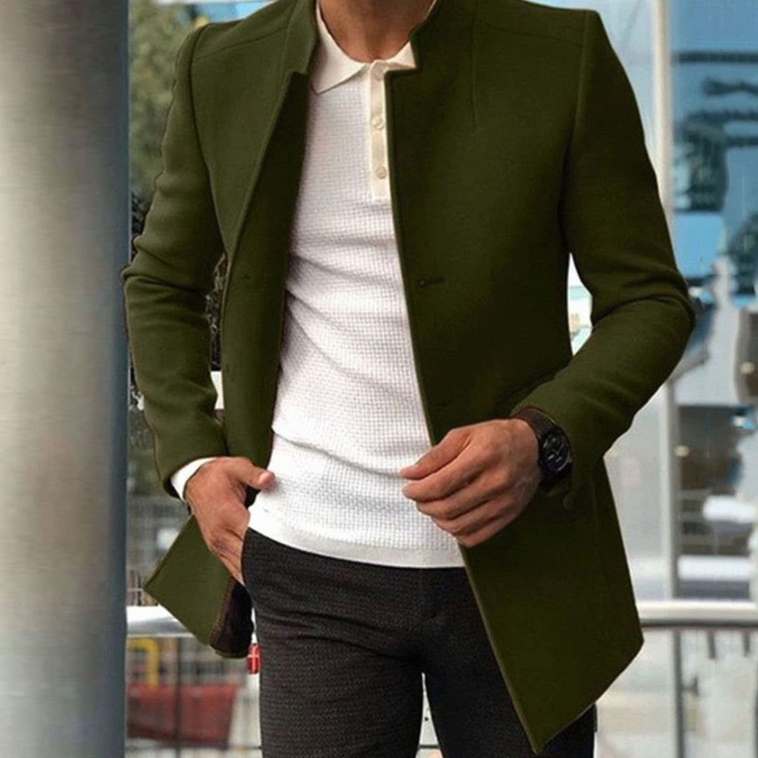 Men's Slim Fit Stand-Collar Long Coat - Army Green