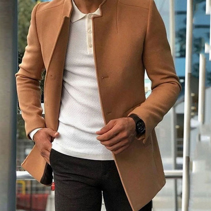 Men's Slim Fit Stand-Collar Wool-Blend Winter Coat - Khaki