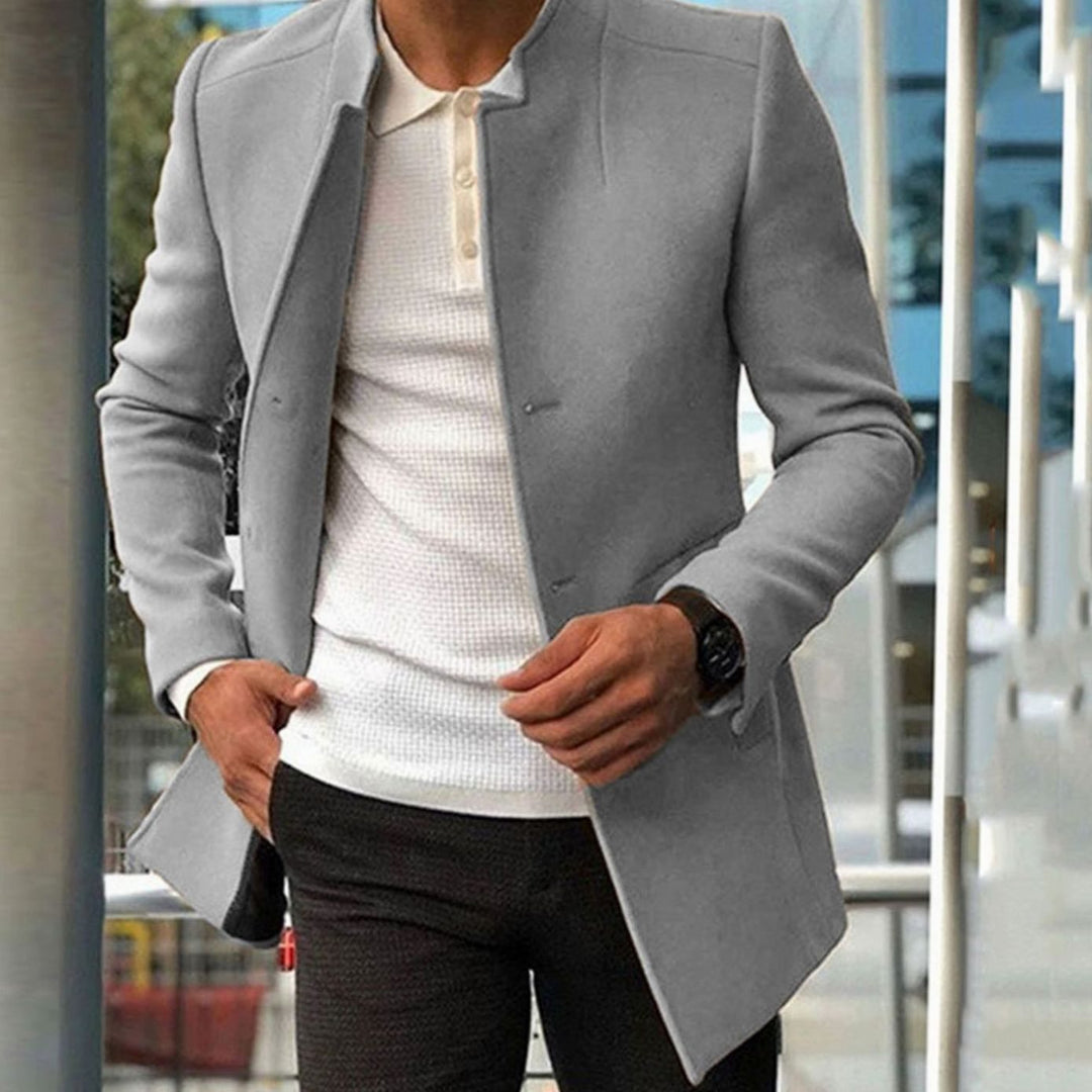 Men's Slim Fit Stand-Collar Wool-Blend Winter Coat - Grey