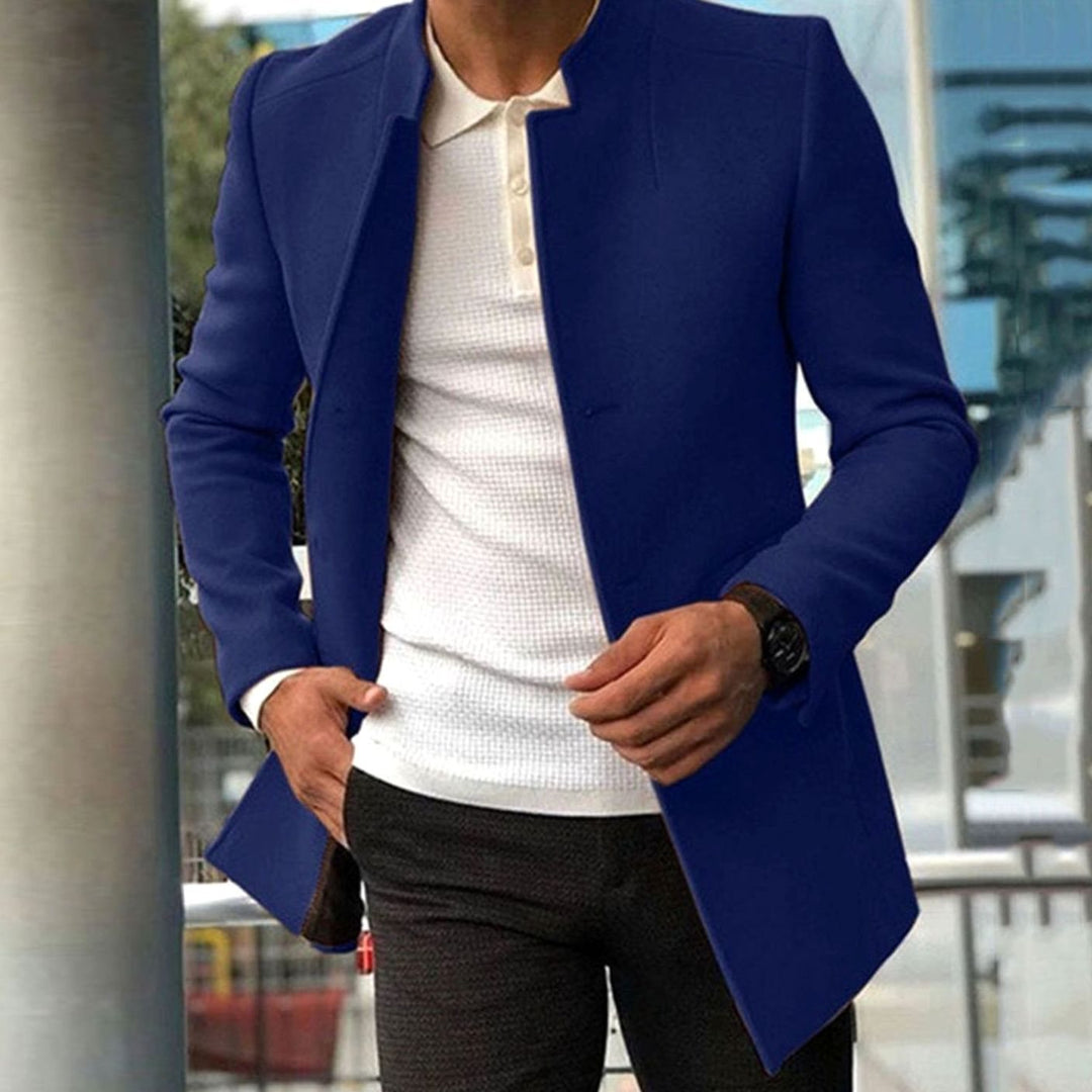 Men's Slim Fit Stand-Collar Wool-Blend Winter Coat - Blue