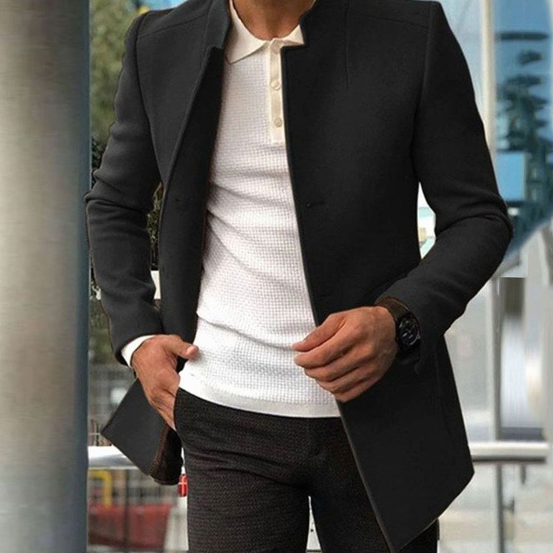 Men's Slim Fit Stand-Collar Wool-Blend Winter Coat - Black
