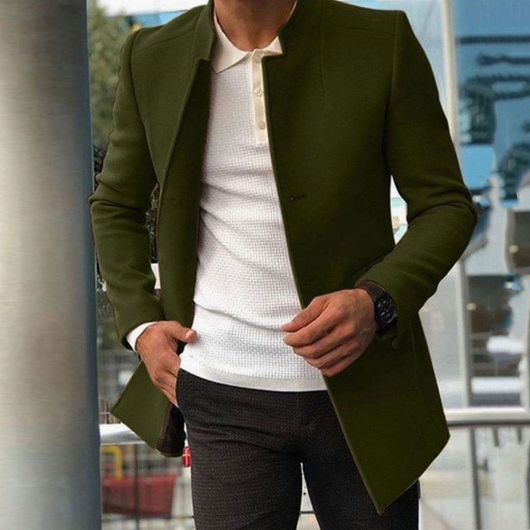 Men's Slim Fit Stand-Collar Wool-Blend Winter Coat - Green